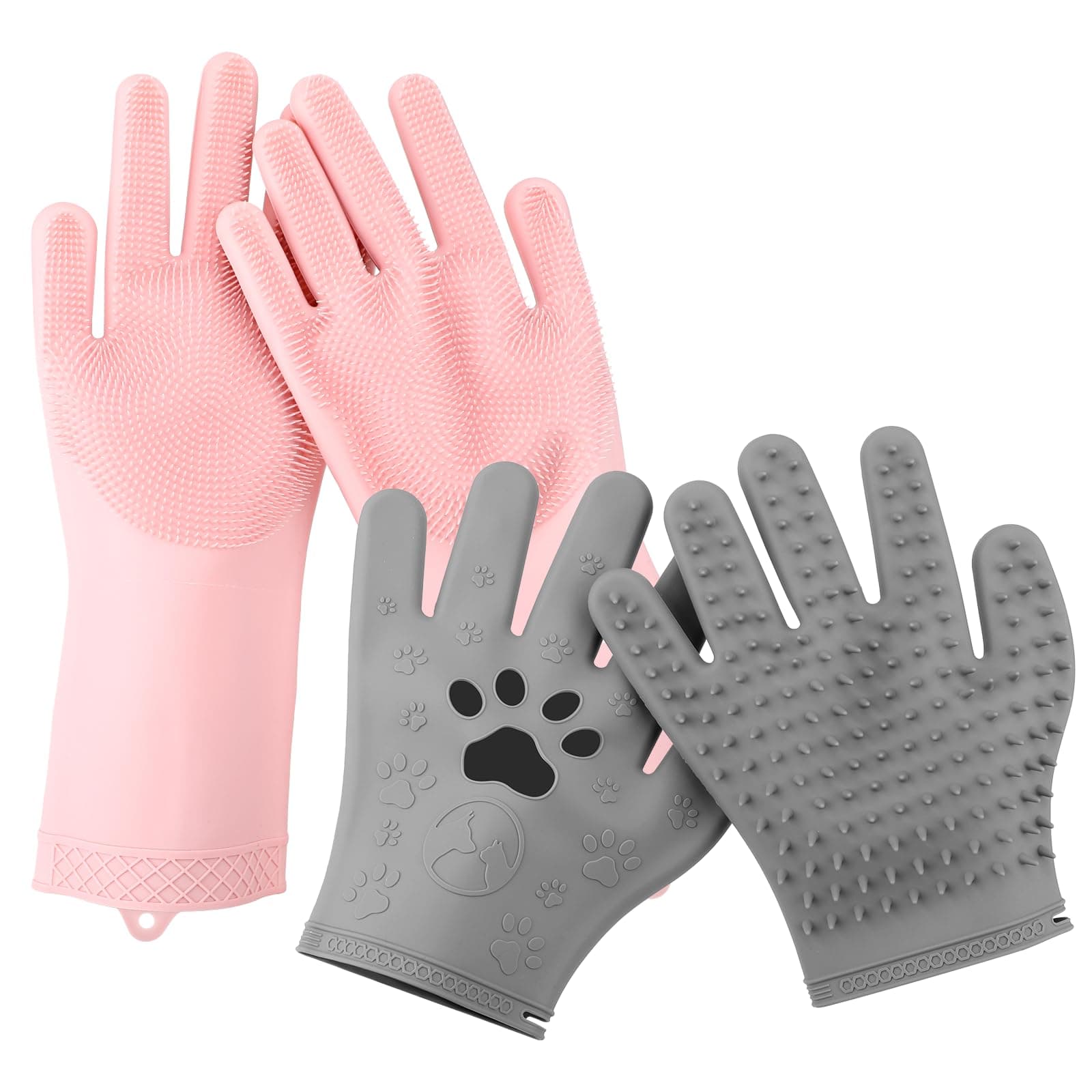 Pet Hair Remover Glove Set, Soft Silicone Dog Washing Gloves for Bathing & Deshedding, 2 Pairs of Pet Grooming Gloves for Dogs, Cats, Horses, Pink & Grey