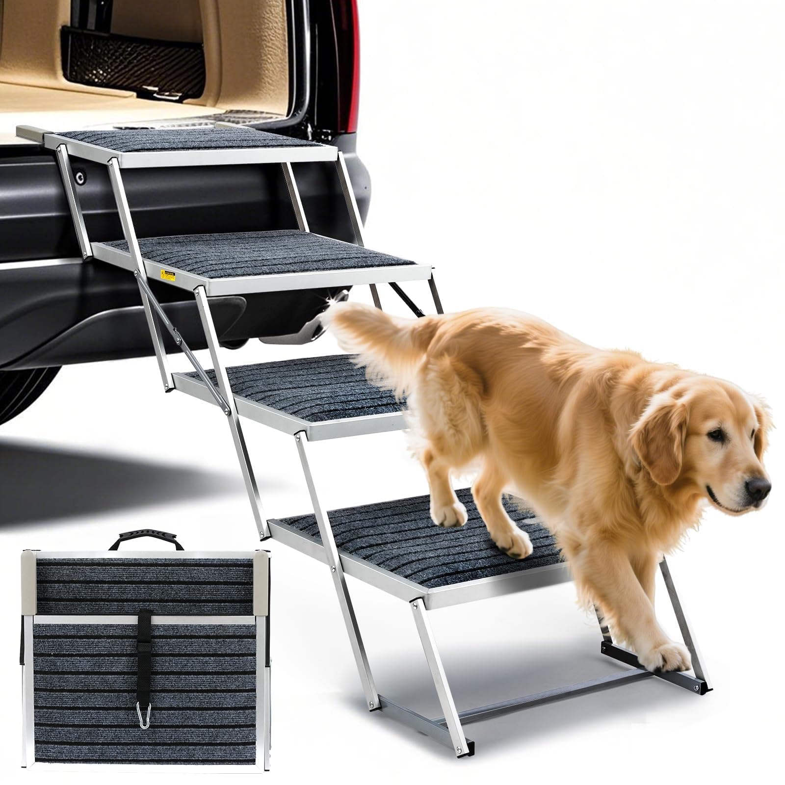 Dog Stairs for Car, Extra Wide Stairs for Large Dogs, Pet Steps Aluminum Foldable Dog Steps for Cars and SUV, High Beds, Trucks, Supports up to 200 lbs (Extra Wide-4 Steps)