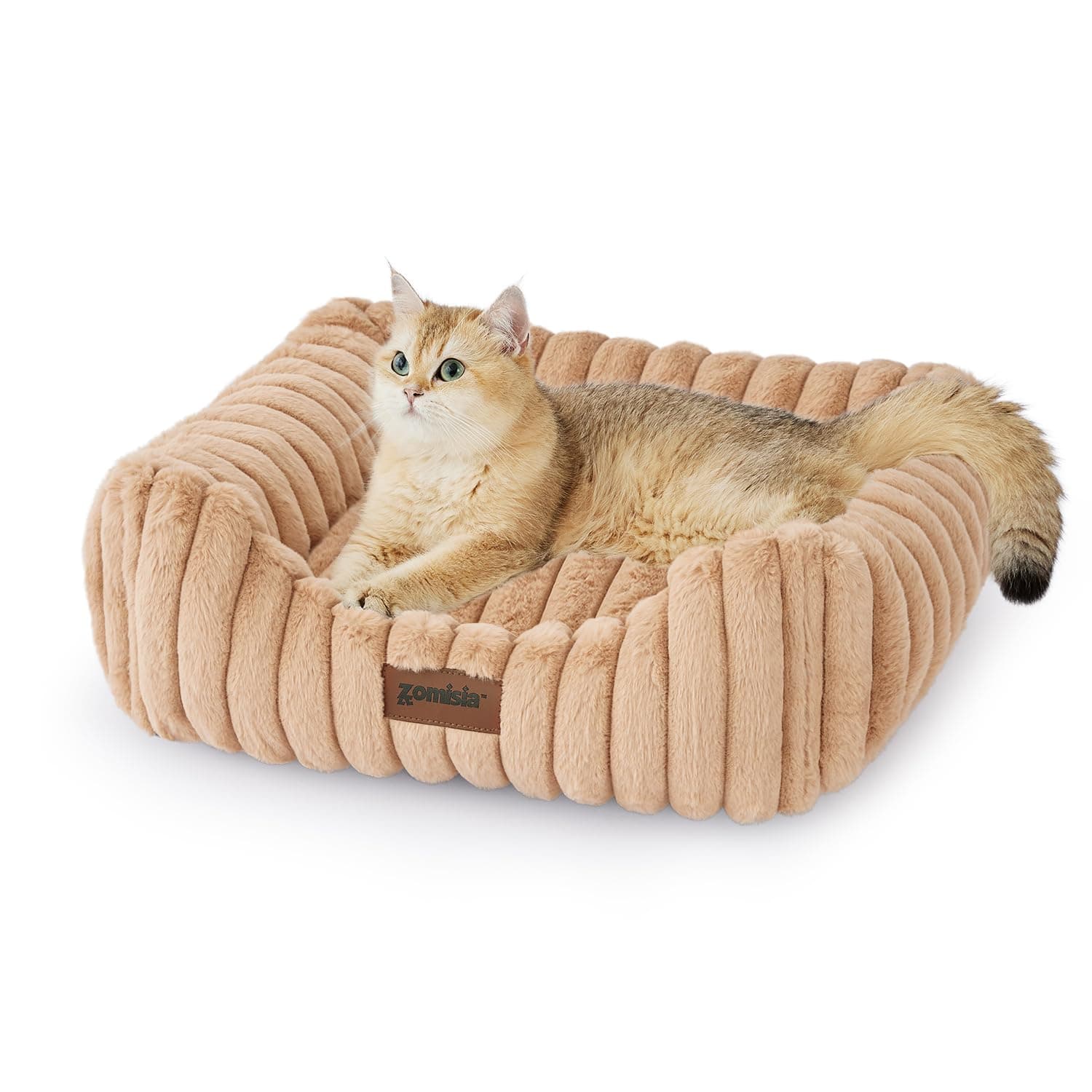 ZOMISIA Small Dog Beds for Small Dogs - Washable Cat Beds for Indoor Cats, Rectangle Orthopedic Puppy Bed with Fluffy Removable Cover, 20x19x7inches, Camel