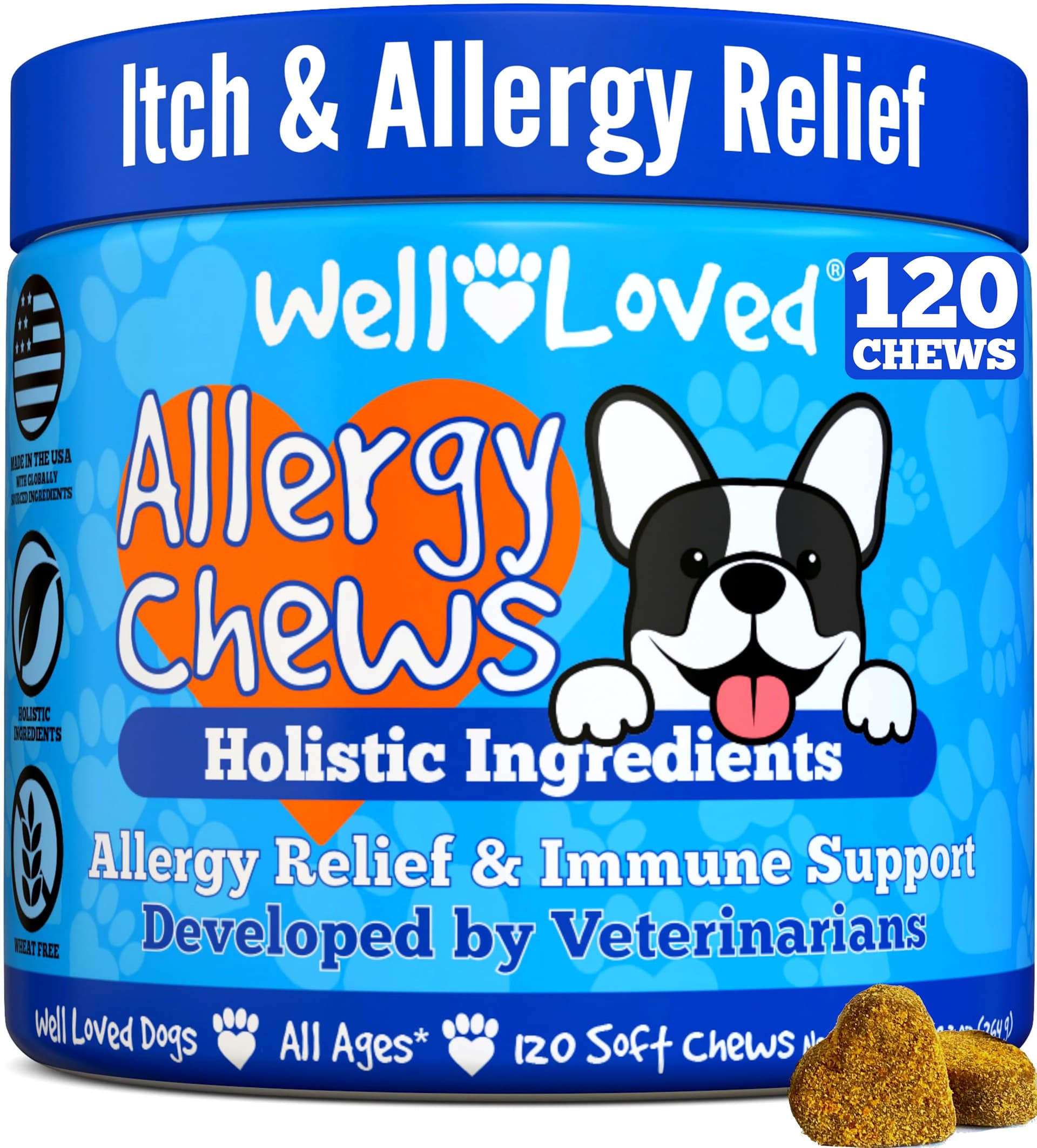 Well Loved Dog Allergy Chews - Dog Allergy Relief, Itching Skin Relief, Hot Spot Treatment & Seasonal Allergies, Vet Developed, Anti Itch Skin Irritation Treatment, Made in USA, 120 Chews