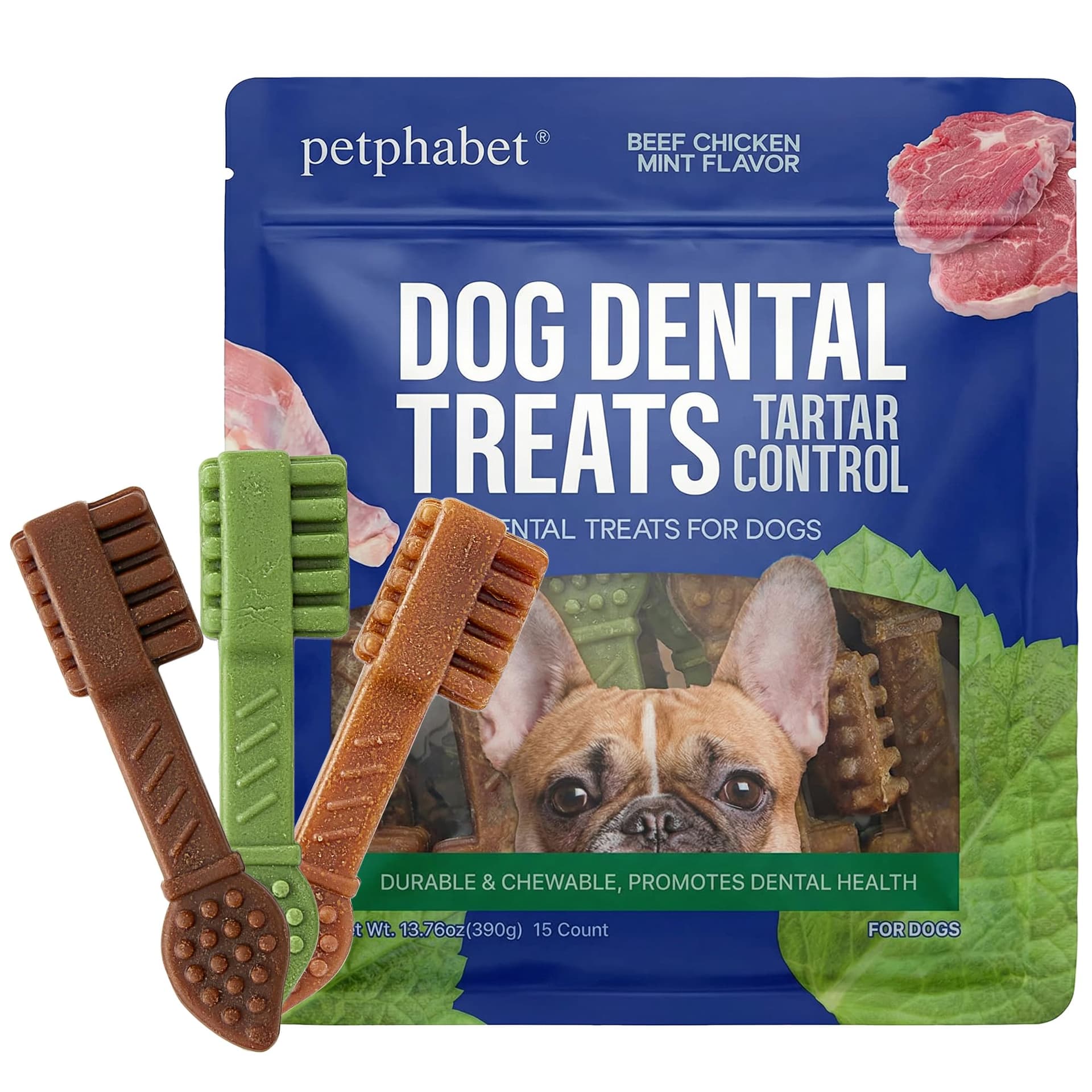 PETPHABET Dental Chews for Dogs, 3 Flavor Dog Dental Treats Fresh Mint Chicken & Beef Flavor for Medium Large Breed, Teeth Cleaning Chew Sticks for Bad Breath and Tartar Control, 15 Count Variety Pack