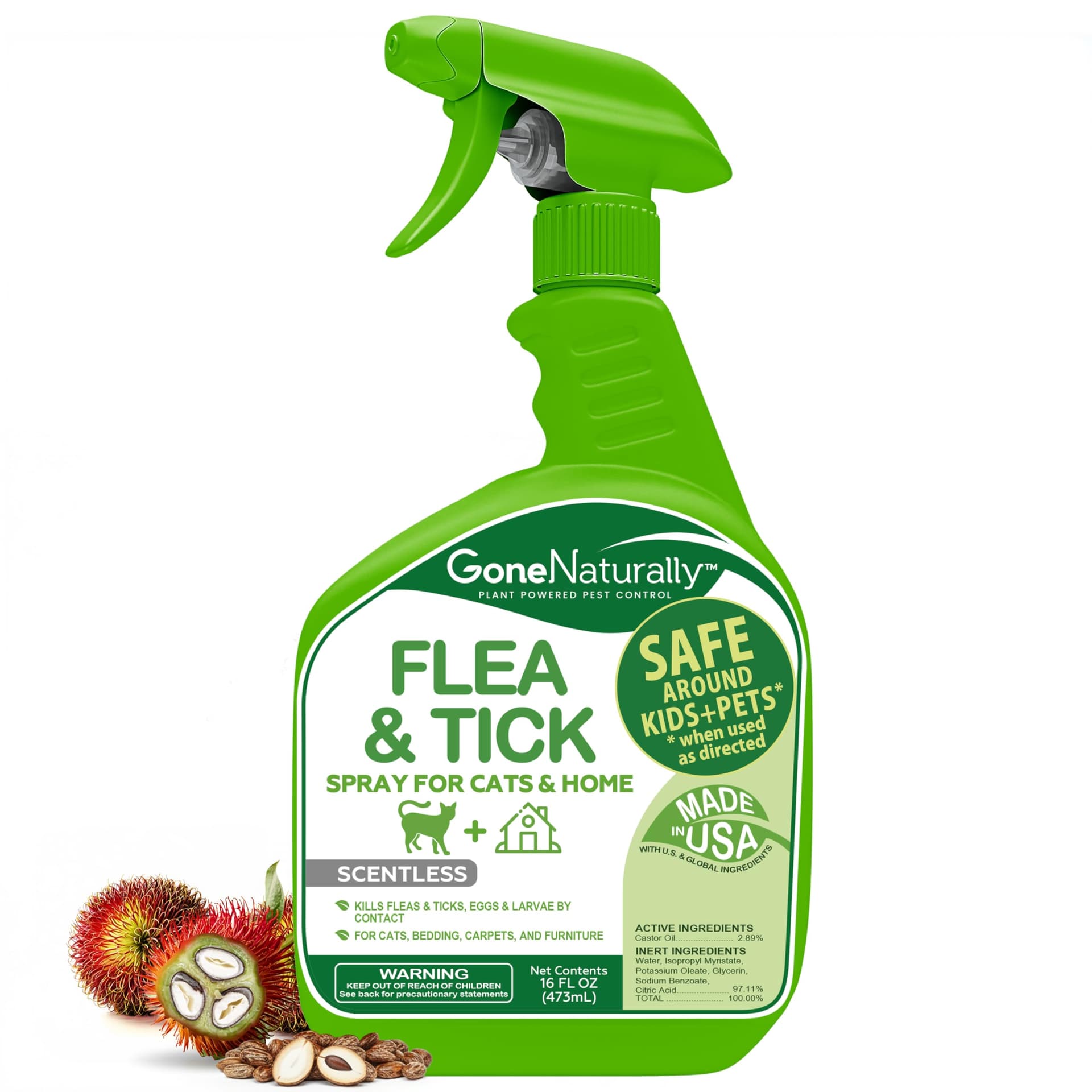 Flea and Tick Spray for Cats & Home– Natural Flea and Tick Prevention for Cats– Bed Bug & Multi-Insect Killer– Scentless Plant-Based Formula Kills on Contact (16 oz)