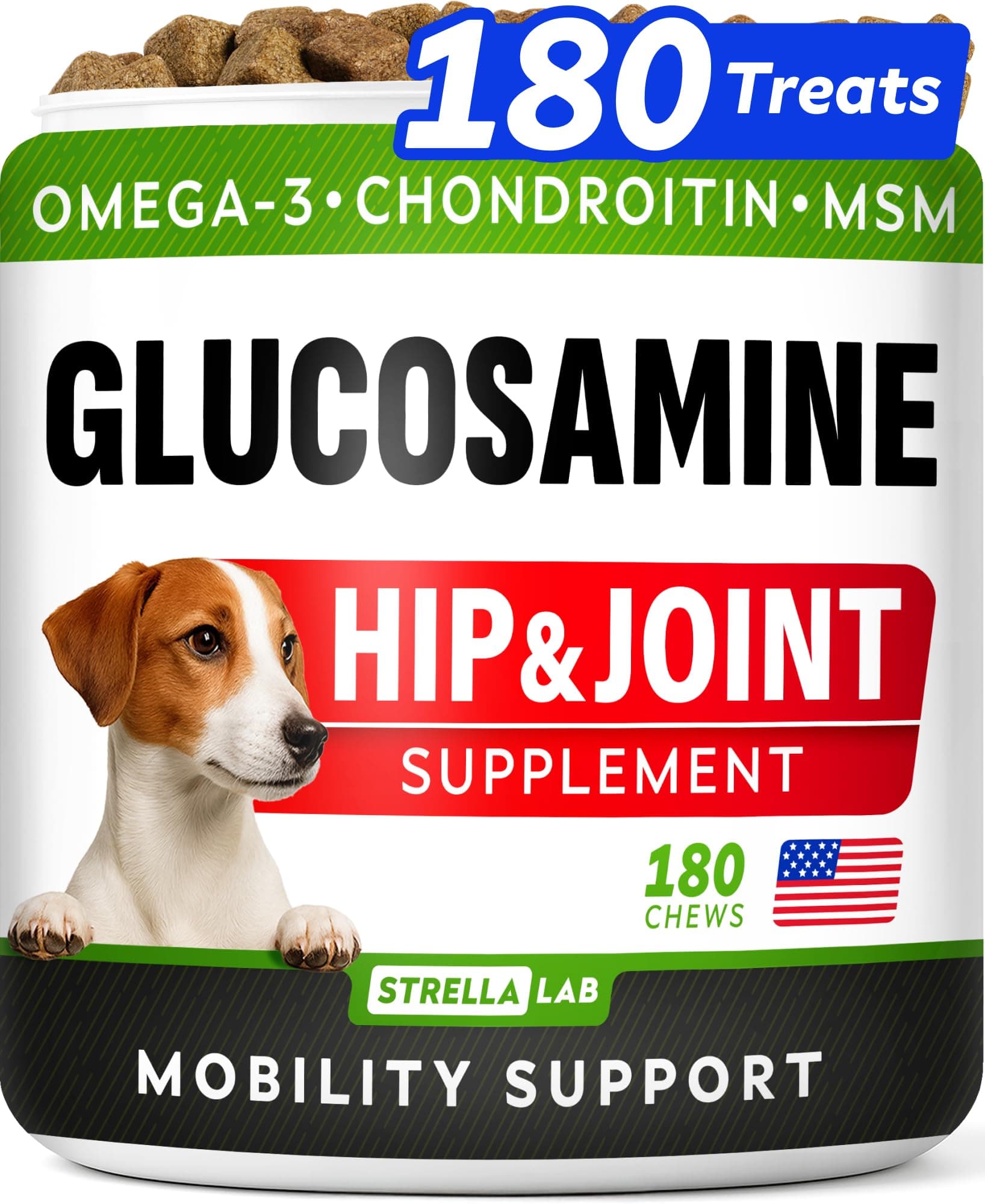 Glucosamine Treats for Dogs - Joint Supplement w/ Omega-3 Fish Oil - Chondroitin, MSM - Advanced Mobility Chews - Joint Pain Relief - Hip & Joint Care - Peanut Butter Flavor - 180 Ct - Made in USA