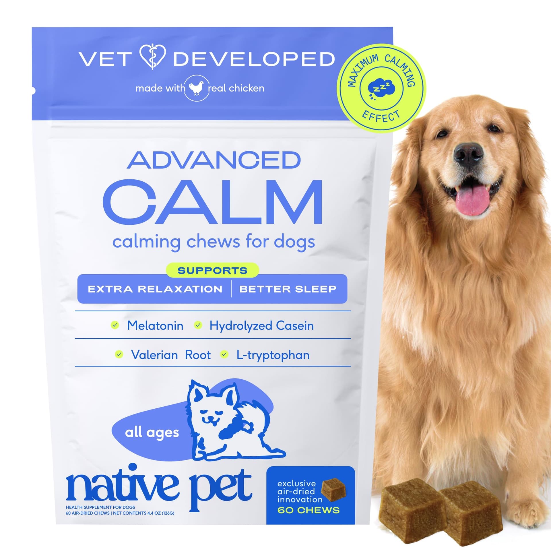 Native Pet Advanced Calming Chews for Dogs Medium Breed - Anxiety Relief, Stress, Separation & Sleep Support with Melatonin for Dogs, Hydrolyzed Casein, Valerian Root & L-Tryptophan - 30 Days Supply