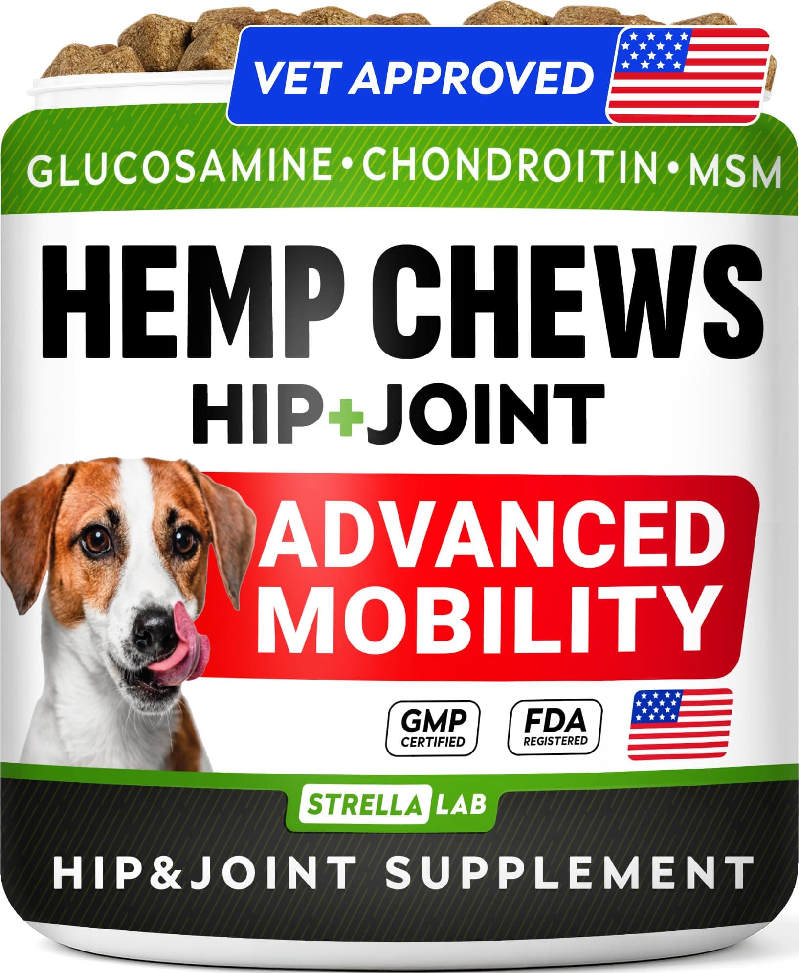 STRELLALAB Hemp Chews for Dogs - Hip & Joint Supplement with Glucosamine - Joint Pain Relief Treats - Omega 3, Chondroitin, MSM - Advanced Mobility Support - Bacon Flavor - 120 Ct - Made in USA