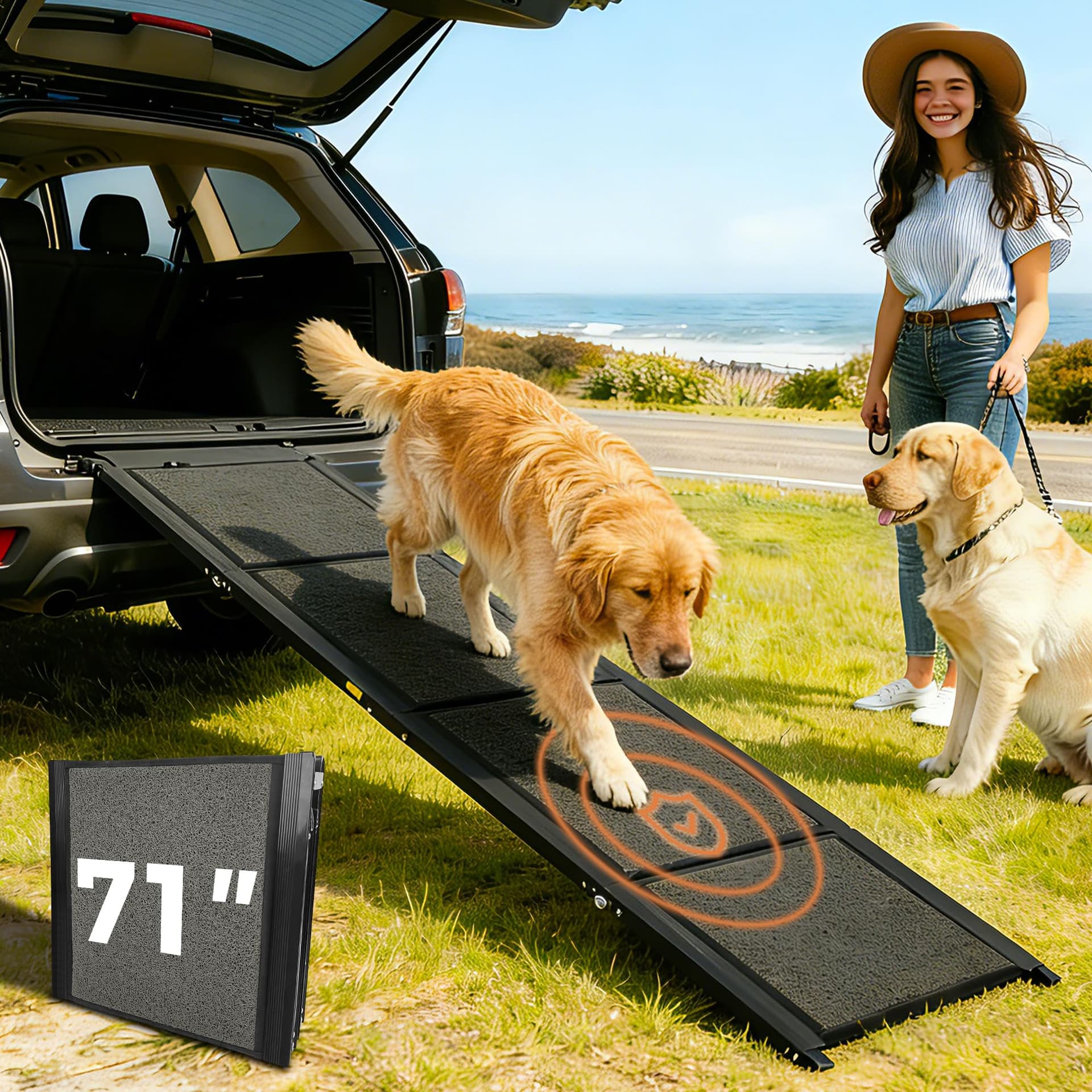 Dog Ramp for Car, 71" Extra-Long & 20" Wide Folding Pet Ramp for SUV & Truck, Heavy-Duty 250 lbs Support, Non-Slip Traction Surface, Portable Pet Ramp for Medium & Large Dogs
